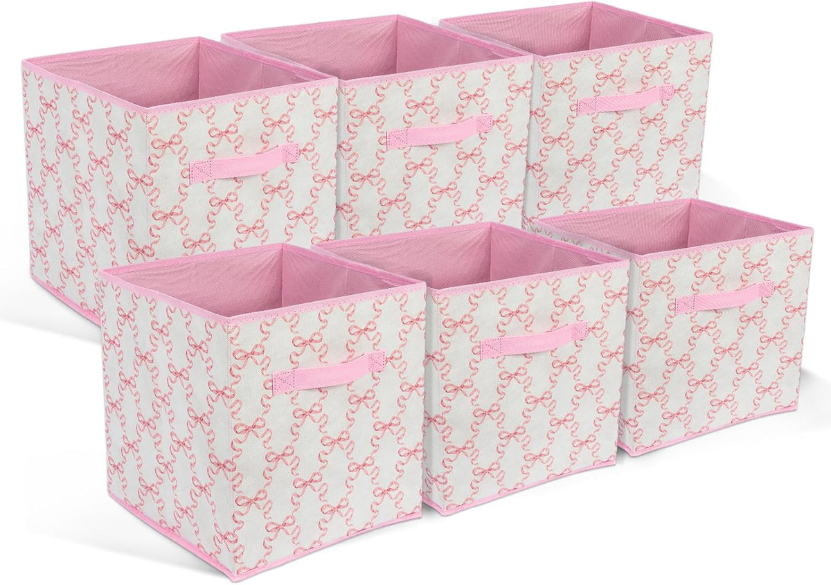6 Pcs Pink Bow Cube Storage Bins 12.5 Inch Storage Basket with Handle, Cute Girls Organizer Basket, Collapsible Fabric Box for Classroom Bedrooms Office Home Decoration (Bow)