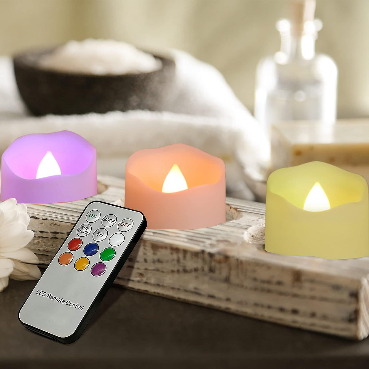 FPOO RGB Rechargeable Flameless Tea Lights Candles, Timer & Remote, 12PCS
