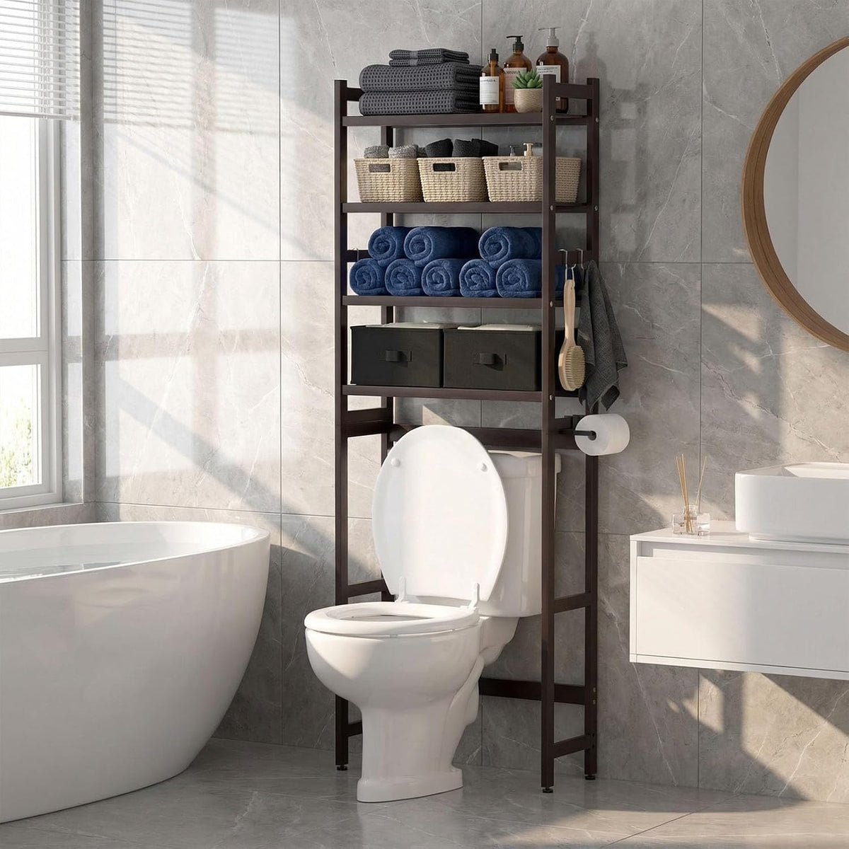 Homde Bathroom Over Toilet Storage Rack: Adjustable 4-Tier Bamboo (Brown)