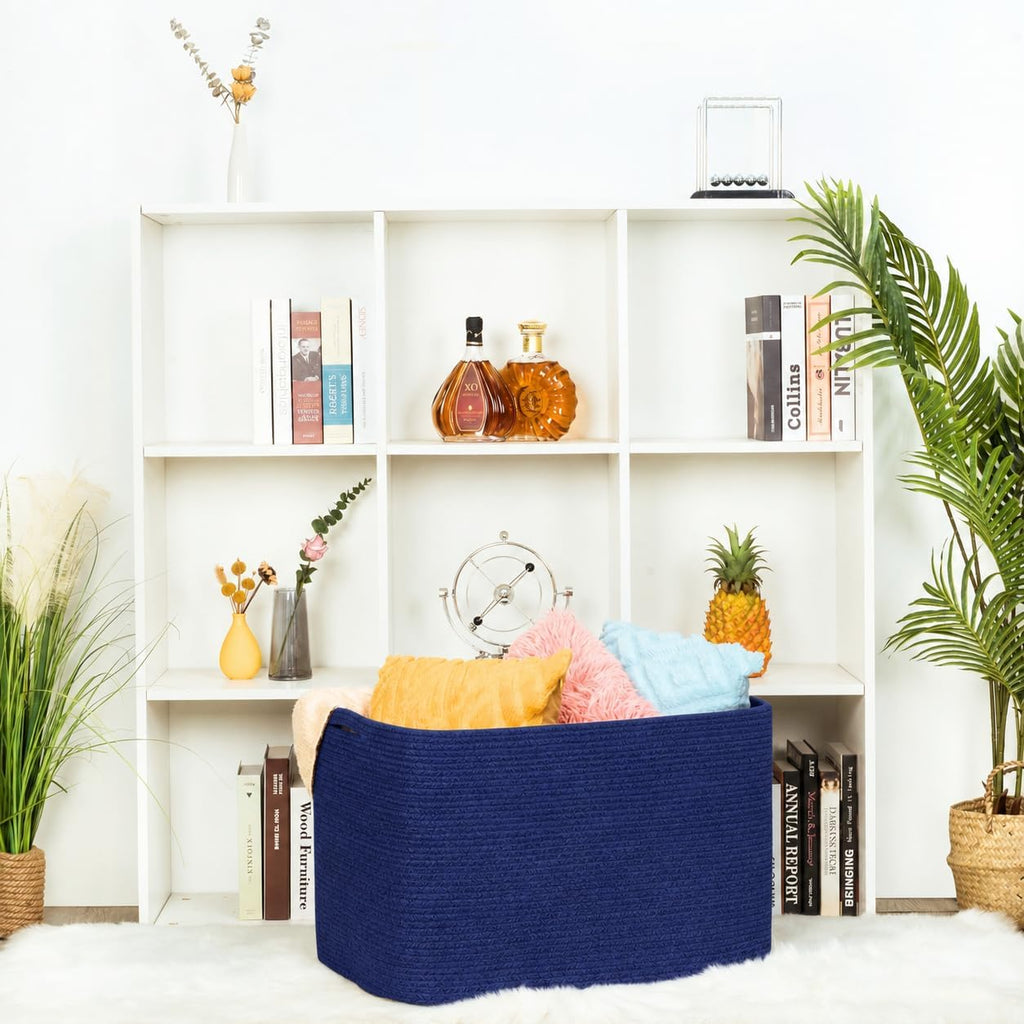 MINTWOOD Design 112L Extra Large Blanket Basket Holder Living Room, 25"x17"x16" Rectangle Rope Woven Storage Basket with Handles for Laundry, Towels, Shoes, Dog Toy Organizer Bin Box, Full Navy