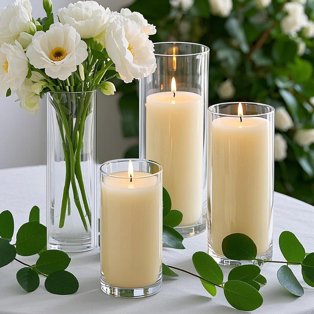 Homjoy 24 PCS Ivory White Pillar Candles with Glass Candle Holders Clear Hurricane Candle Holders Glass Cylinder Vases for Centerpieces Wedding Party, Event, Home Office (12 Candles+12 Candle Hoders)
