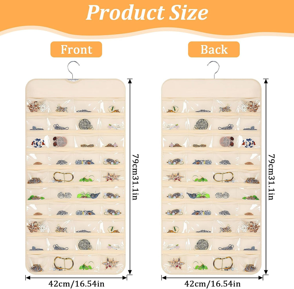 4 Pack Hanging Jewelry Organizer with 80 Clear Pockets, Double-Sided Hanger for Closet Door Wall, Beige Jewelry Holder for Earrings, Necklaces, Bracelets