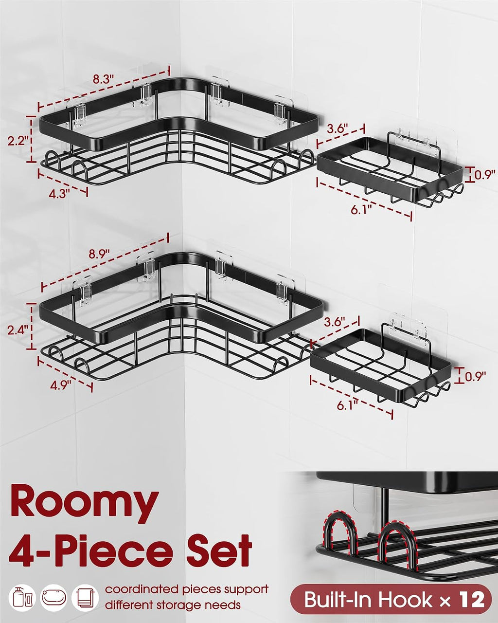 Sakugi Corner Shower Caddy, Large, 4-Pack, Soap & Toothbrush Holder, Black