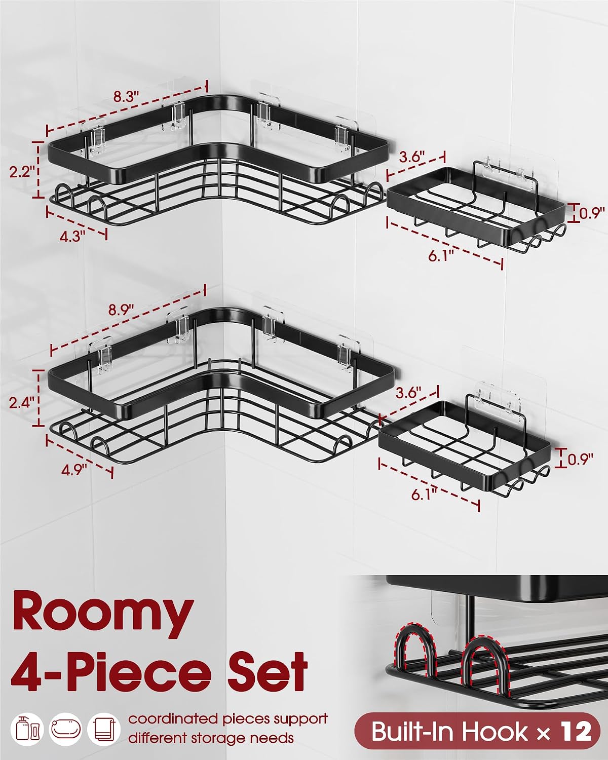 Sakugi Corner Shower Caddy, Large, 4-Pack, Soap & Toothbrush Holder, Black