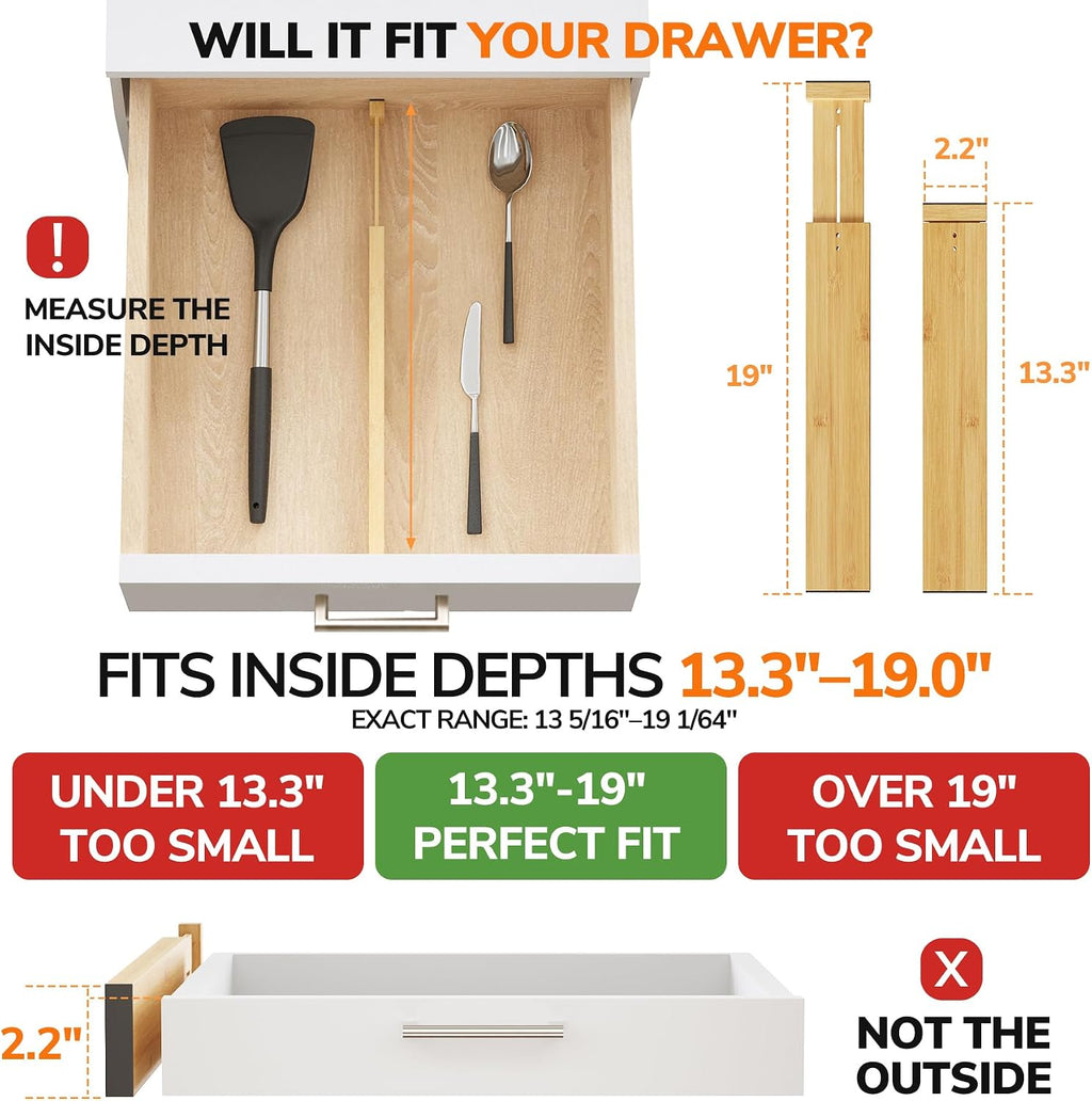 BAMEOS Bamboo Expandable Drawer Dividers – Fits 13.3"–19" Drawers, 2" High, Set of 4 | Spring-Loaded Bamboo Separator for Kitchen Island, Bathroom Vanity & Dresser Drawers