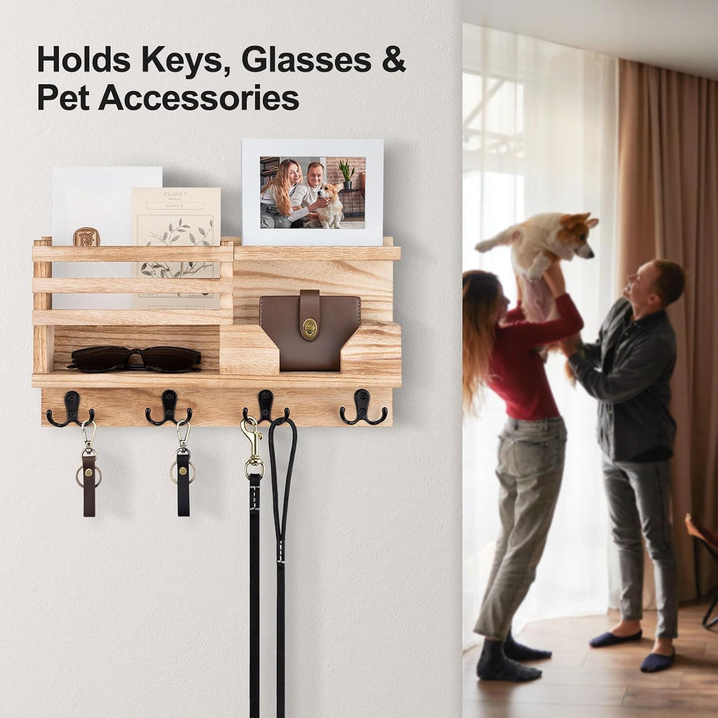 Lwenki Mail and Key Holder for Wall – Decorative 15.9” x 8.7” x 3.2” Entryway Organizer with Shelf – Paulownia Wood with 4 Dual Hooks Includes Mounting Hardware and Installation Guide (Wood)
