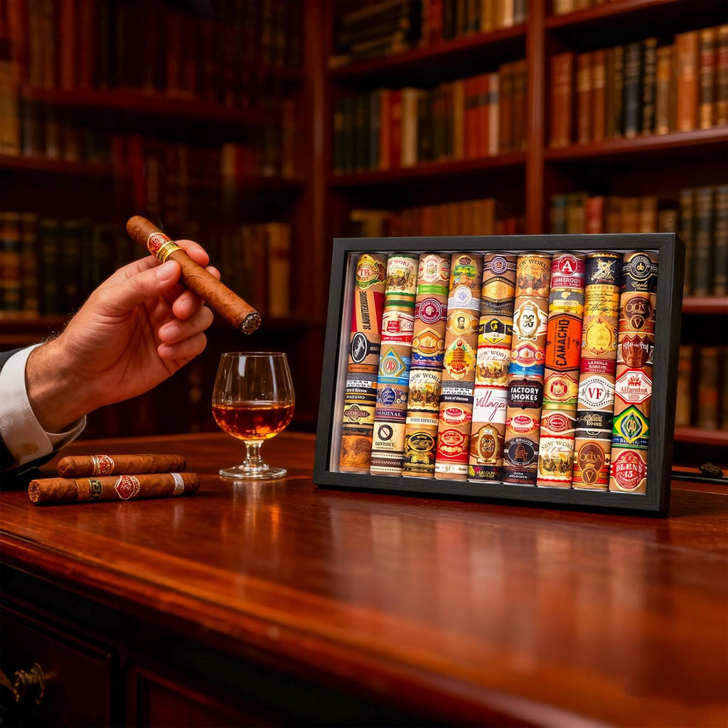 Premium Shadow Box Frame for Collectible Bands & Label Rings – 12.4" Cigar Band Display Case – Sophisticated Memory Wall Art & Tabletop Decor Gift for Men, Dad, Enthusiasts