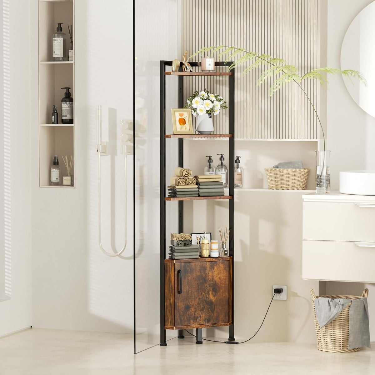 Furnulem Corner Shelf Cabinet,Corner Bookshelf with Storage and LED Light