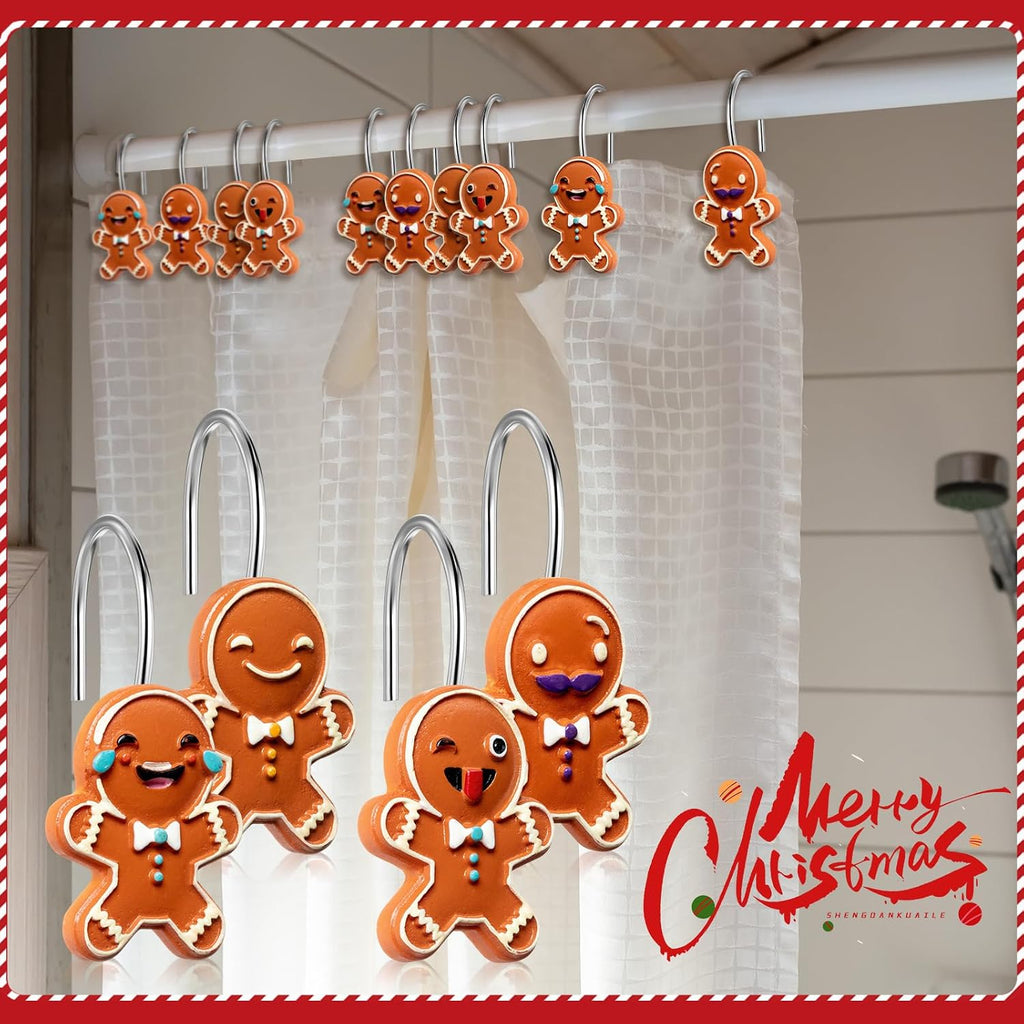 Yungyan 12 Pcs Christmas Shower Curtain Hooks Gingerbread Curtain Hangers