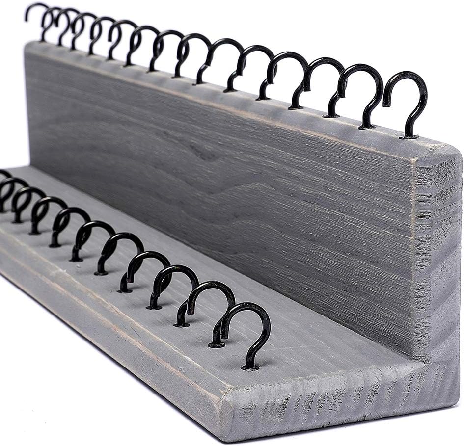 SANY DAYO HOME Jewelry Organizer with 30 Hooks and Cosmetics Shelf, 15 x 3 x 4 inches Wall Mounted Rustic Pine Wood Holder for Necklaces and Bracelets, Suitable for Kids and Adults (Gray)