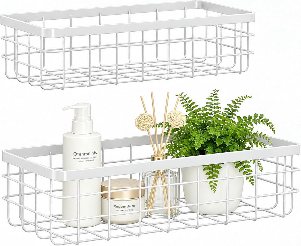 2 PCS Adhesive Wire Wall Baskets, Hanging Small Storage Organizer, L+White