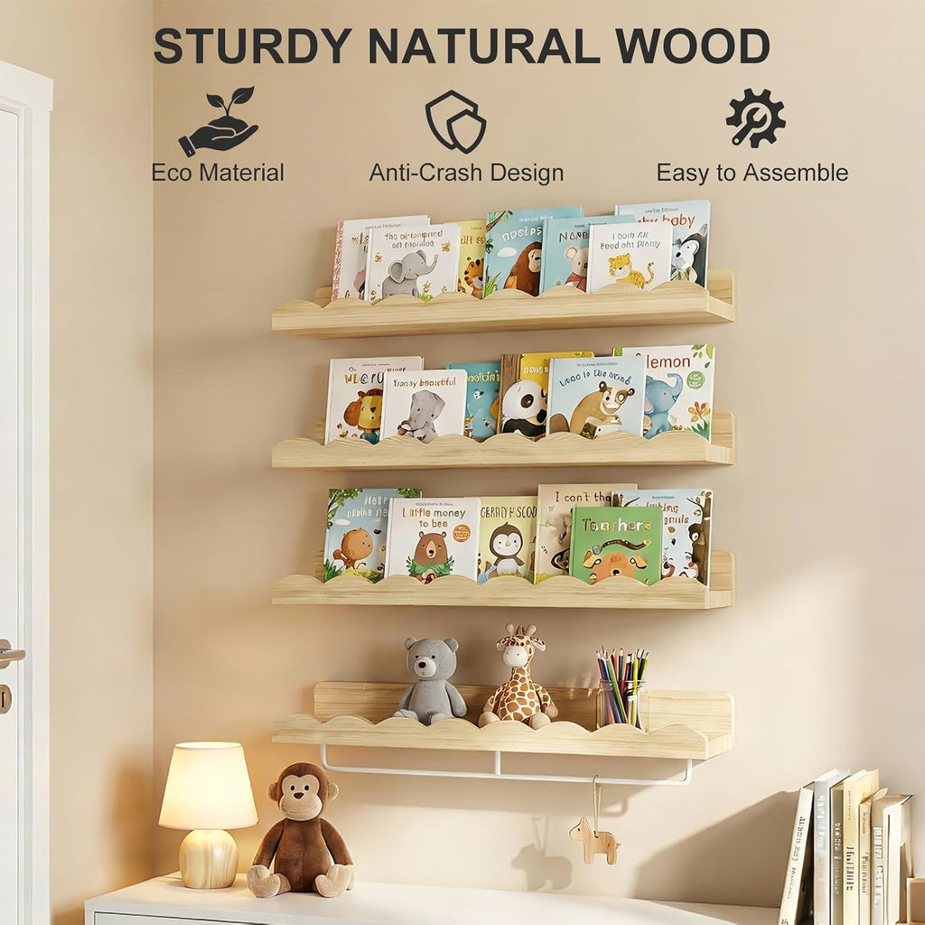 Fixwal Nursery Shelves, 24 Inch Floating Bookshelves for Wall Set of 4, Scalloped Wall Book Shelves with Towel Rack for Kids, Toddler Room, Baby Room, Nursery Decor and Storage(Natural Wood)