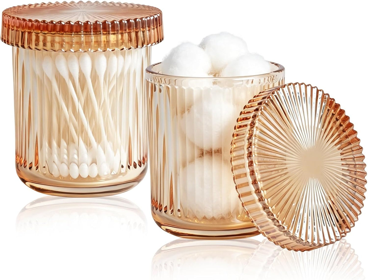 2 Pack Ribbed Glass Qtip Holder with Lid, Amber