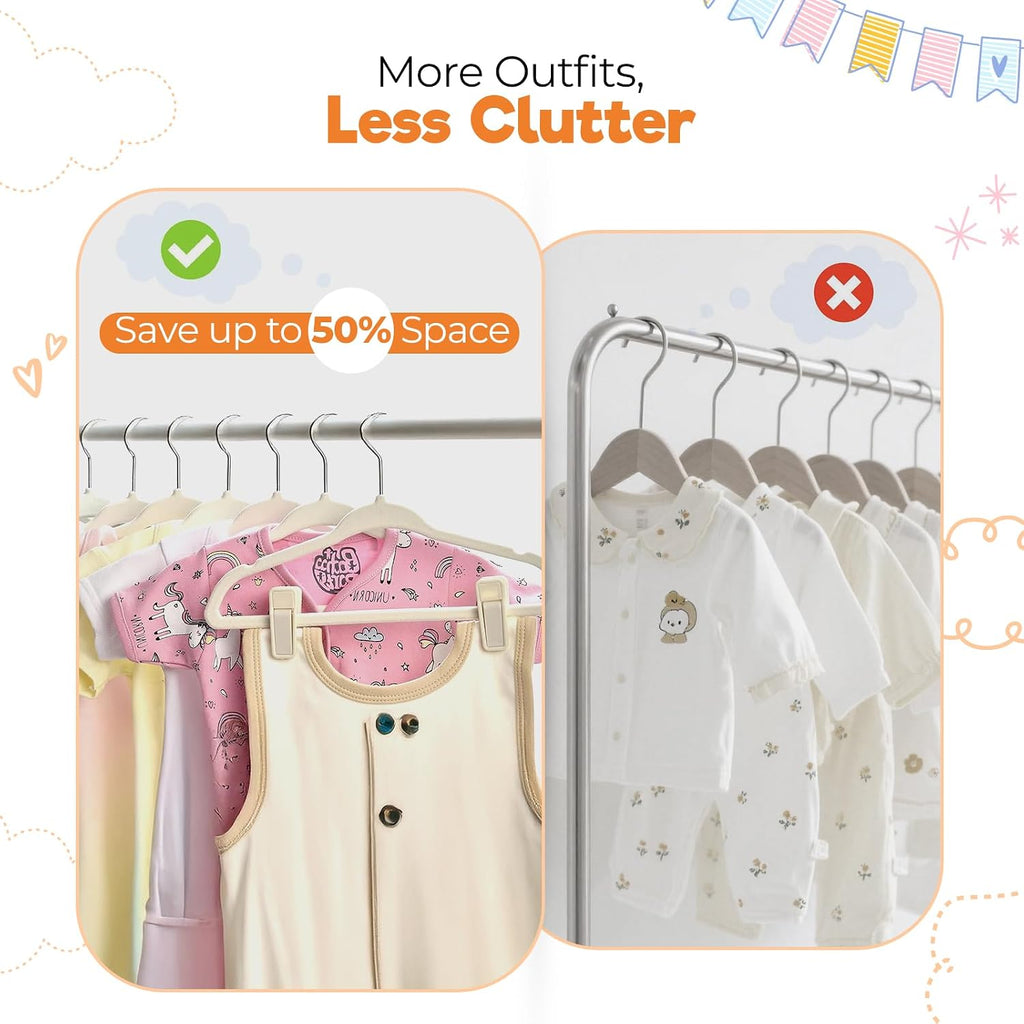Babyrish Velvet Baby Hangers with 10x Clips and 8X Dividers (30 Pack) | 11” Ultra-Slim Baby Clothes Hangers | Non-Slip Felt | Space-Saving Nursery & Infant Closet Organizer | Beige