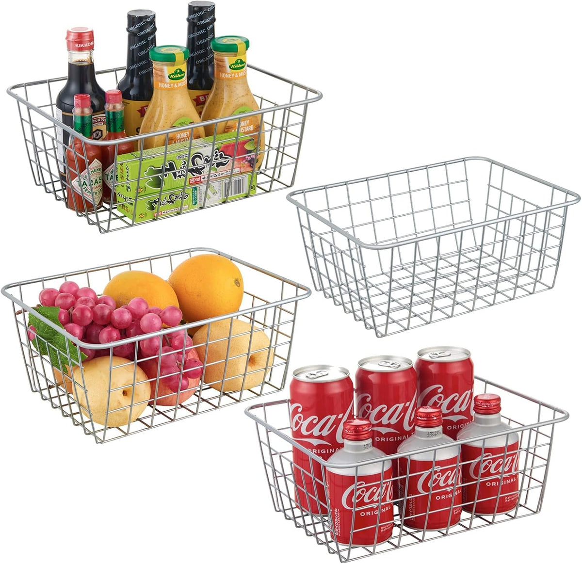 JUNCHU CHERRY Wire Kitchen Storage Basket 4 Packs,Perfect Pantry Organization Accessories Baskets,Laundry Basket,Countertop Organiztion,Suitable for Kitchen,Bathroom,Bedroom,Tabletop,Stackable,Silver