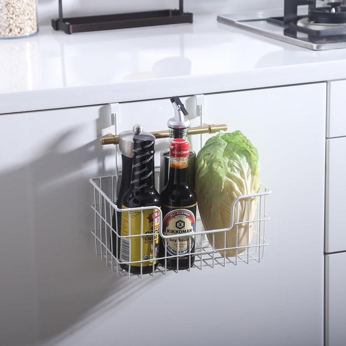 JUNCHU CHERRY Wire Storage Basket 2 Packs, Wall Mounted Kitchen Bathroom, Hanging Cabinet Door Storage Basket, no Drilling, Supporting 2 Types of Hooks, Strong Bearing, Suitable for Home, White