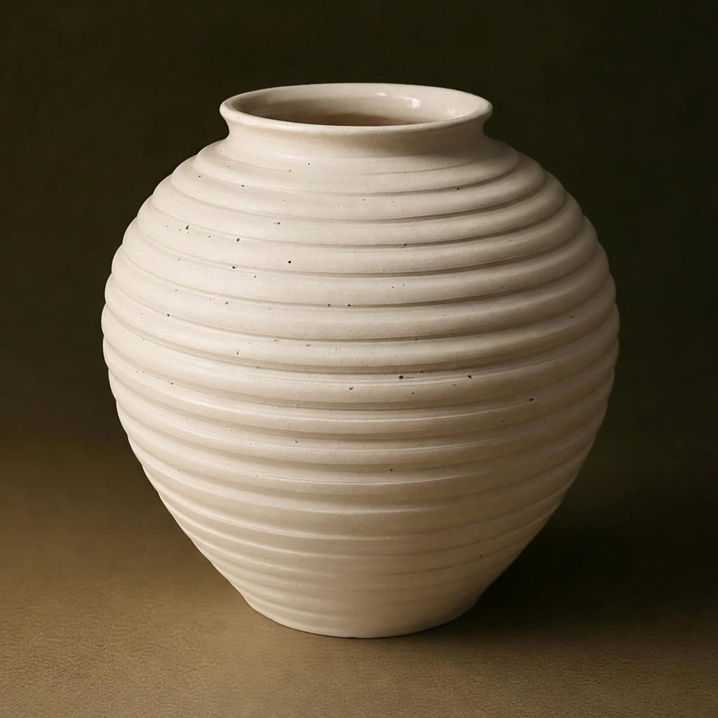 Handmade Ceramic Vase 8” – Planet-Inspired Round Ivory White Vase with Saturn Ring Texture, Natural Speckled Finish, Organic Modern Rustic Centerpiece for Home Decor