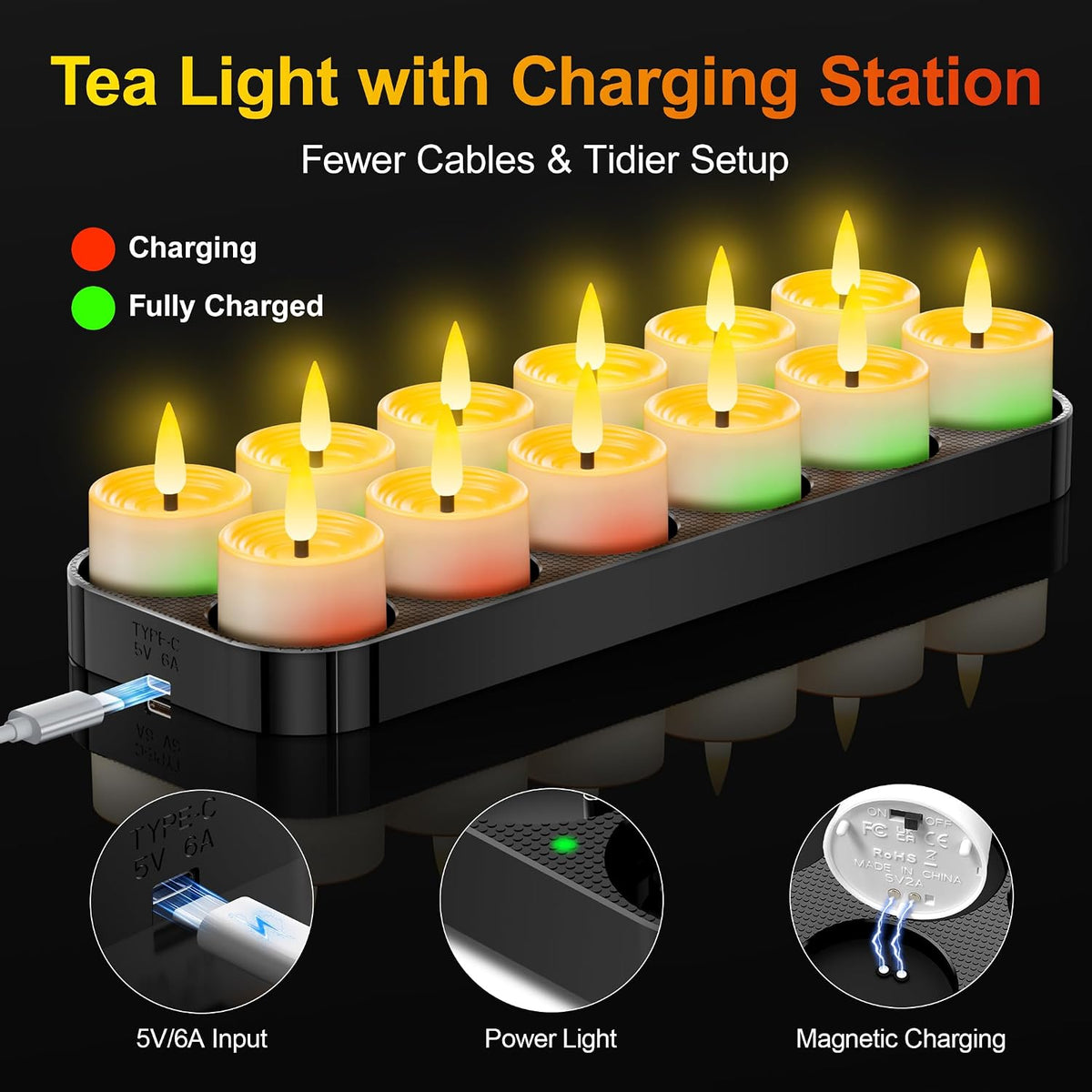 Rechargeable Tea Lights 12 Pack with Remote & Timer, Magnetic Charging Base