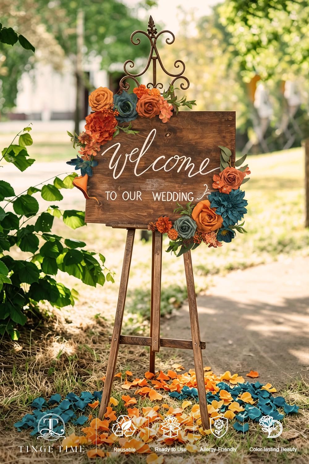 TINGE TIME Artificial Flowers Fall Flowers Combo Box Set, 16PCS Fake Rose Silk Flower w/Stem for DIY Wedding Bouquets Centerpieces Baby Shower Party Home Spring Decoration (Burnt Orange & Dark Teal)