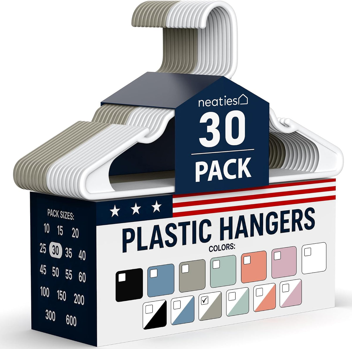 Plastic Hangers 30 Pack – Made in The USA – 6lb Capacity Standard Clothes Hangers with Notches and Reinforced Edges for Dresses, Lingerie, Shirts, Pants, and Jackets – White & Gray