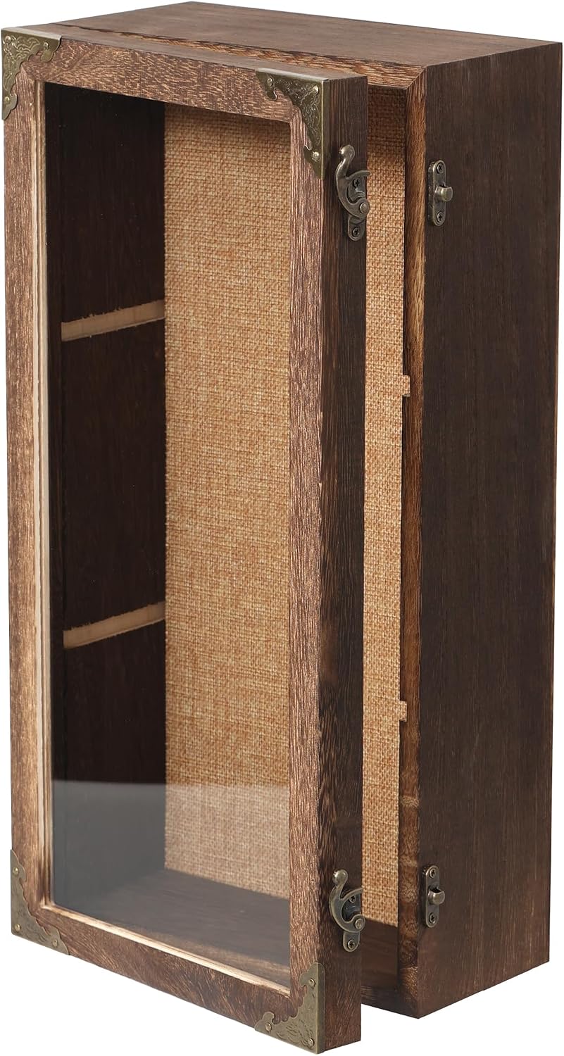 Shadow Box Frame 8x16 with Real Glass Door, Deep Solid Wood Memory Display Case with 4 Inch Outer Depth, for Medals, Collectibles, Photos, Flowers, Wall Mount or Tabletop