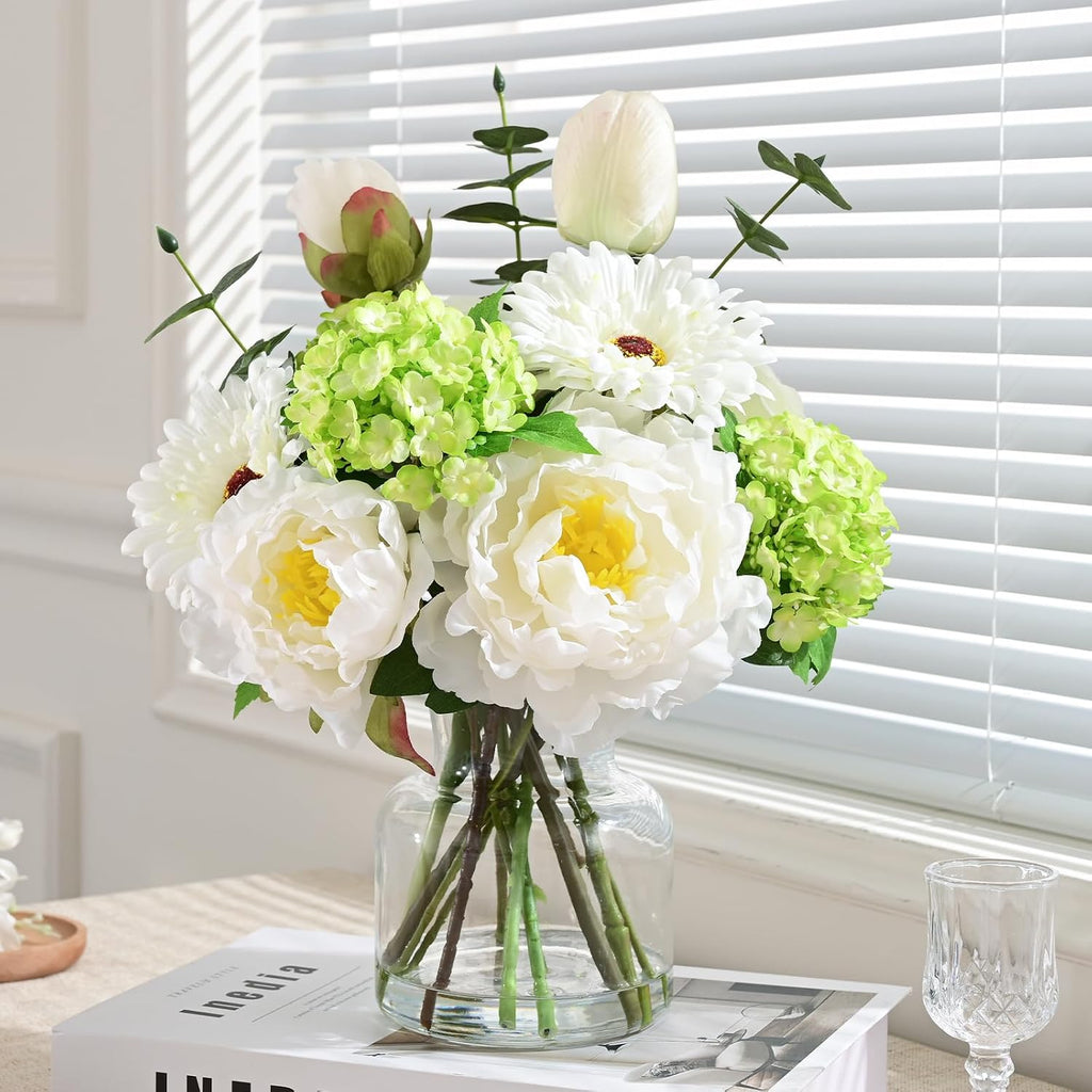 Livole Artificial Faux Flowers with Vase & Water Silk Fake Flowers, White