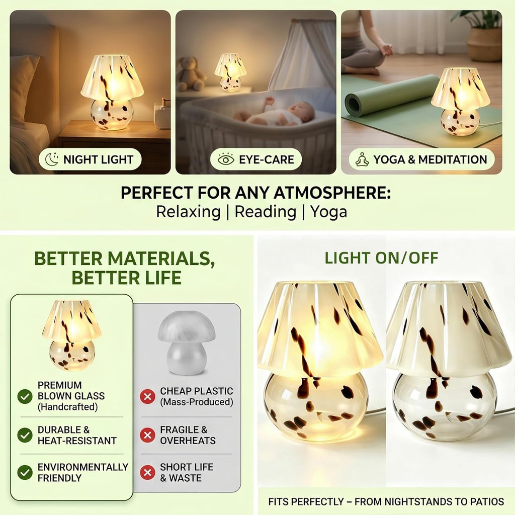 Glass Mushroom Lamp 3-Color Dimmable Table Lights for Home Decor