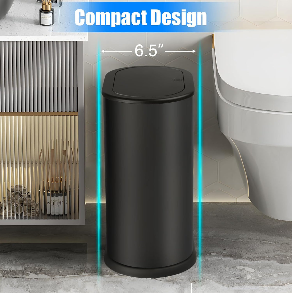 Anzoymx Stainless Steel Bathroom Trash Cans with Lids, 1.8 Gallons, Black