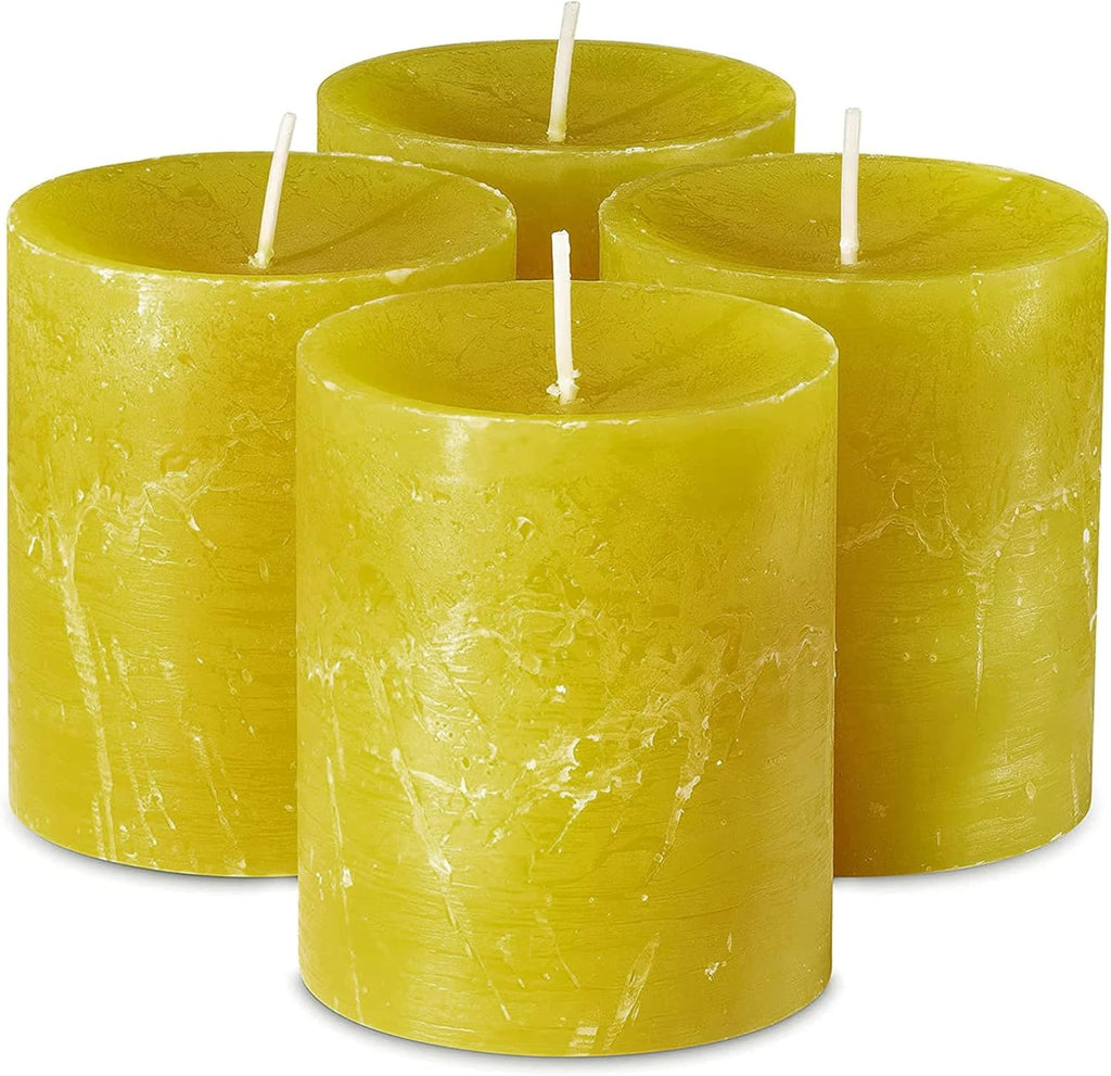 SPAAS Rustic Yellow Pillar Candles - 2.7" X 3" Decorative Candles Set of 4 - Clean Burning and Dripless Unscented Rustic Pillar Candles for Home Decorations, Wedding Decor, Party, Spa Restaurant