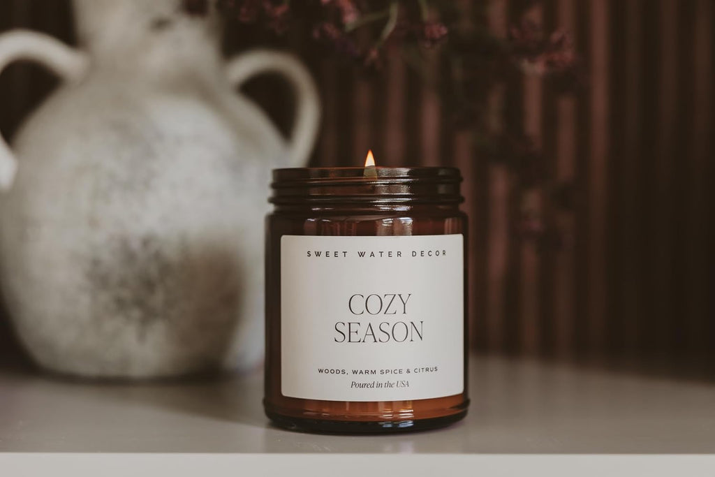 Sweet Water Decor Cozy Season Fall & Winter Candle, 9oz Amber Jar Black Lid