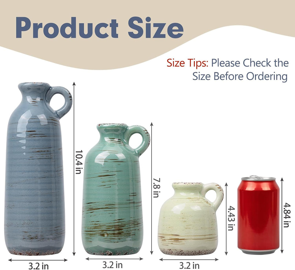 Ceramic Vase Set of 3, Vase Home Decor with Handle, Waterproof Vases