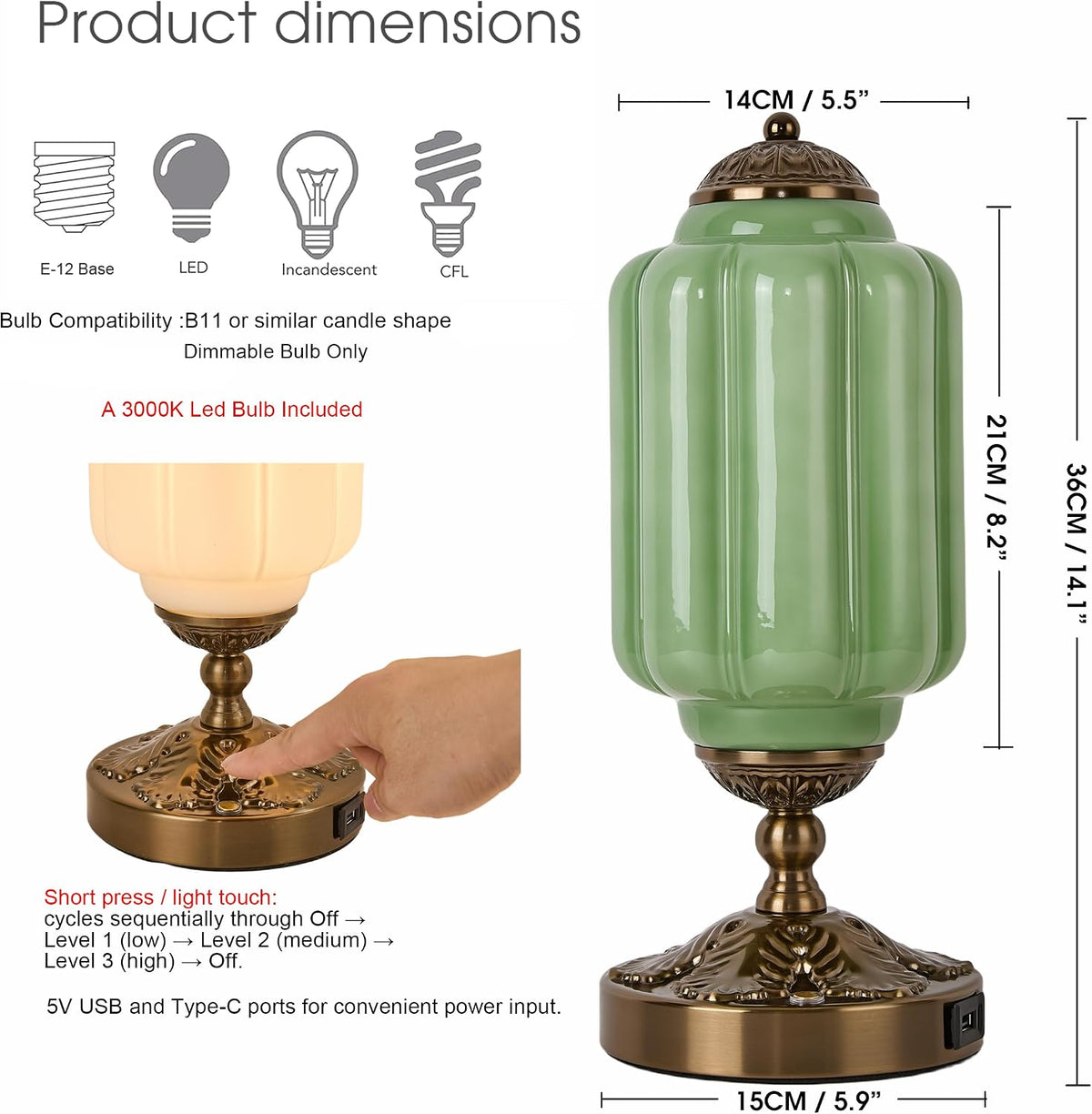 Vintage Touch Table Lamp, Milk Glass Shade with Metal Base, 3 Way Dimmable Desk Light with USB Charging Ports, Retro Lamp for Living Room Bedroom Bedside Nightstand