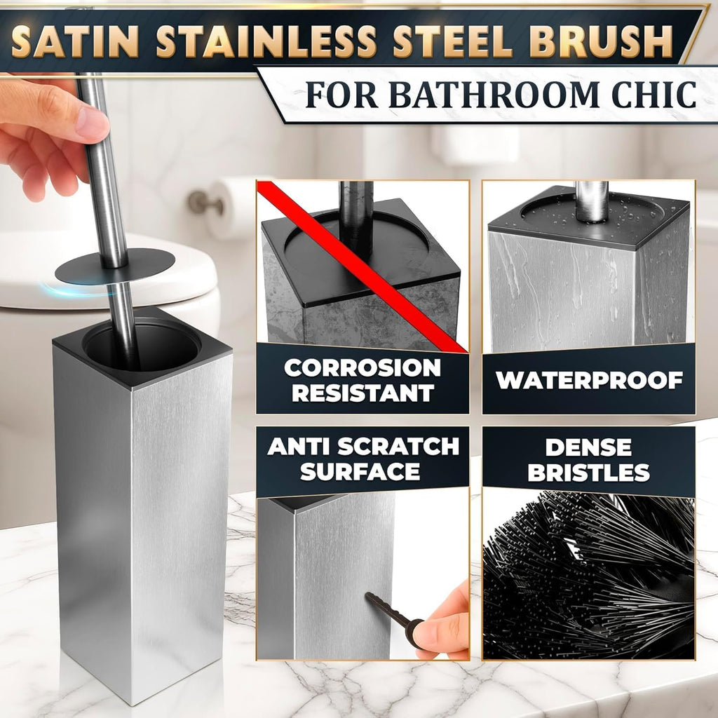 Silver Toilet Brush and Holder Set, Freestanding (Square Shape)