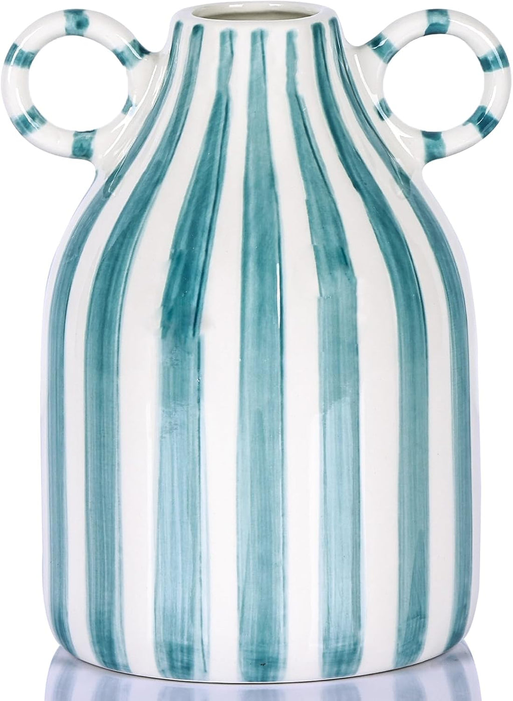 Green and White Ceramic Vase with Handle, Nordic Boho Small Vases Side Table Flower Centerpiece, Wide Mouth Single Flower Vase Pampas Grass Decorative - for Home Window Sill Living Dining Room Kitchen