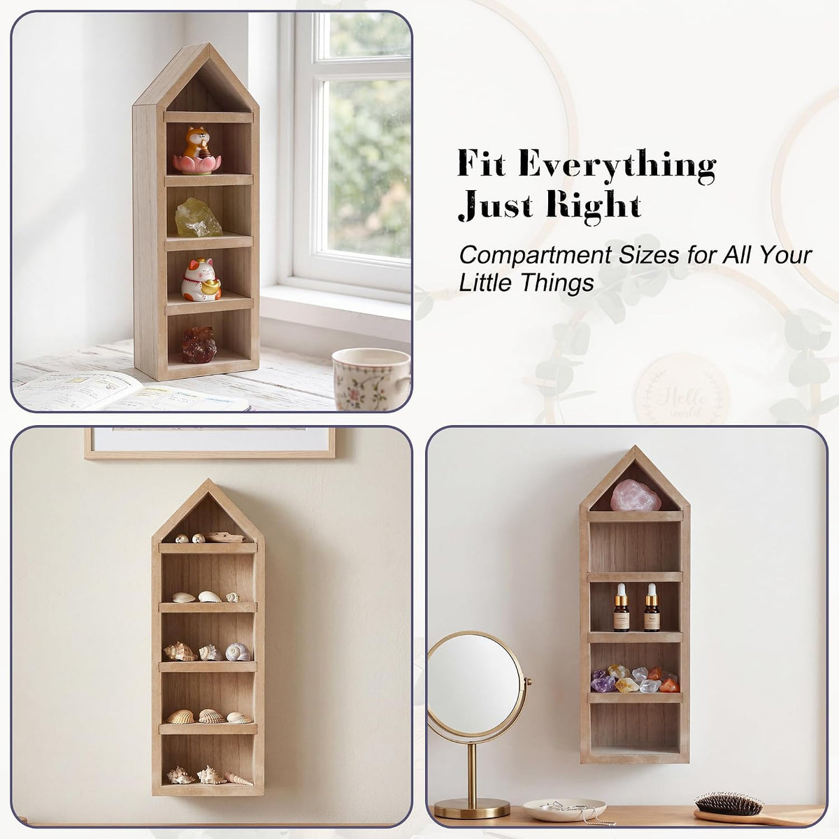 House Shaped Shadow Box with Removeable Shelves,Cream,4x12