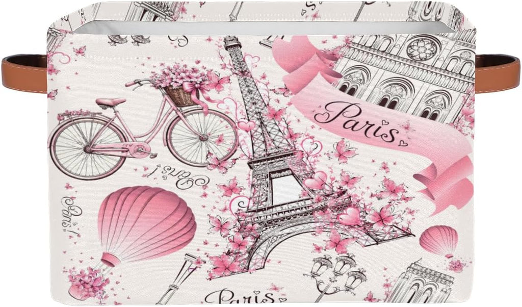 Storage Basket Floral Paris Eiffel Tower, Large Foldable Organizer Storage Bins for Shelves, Sturdy Canvas Cubes Storage Boxes with Handles for Toys Closet Nursery Office Living Room 15" x 11" x 9.5"