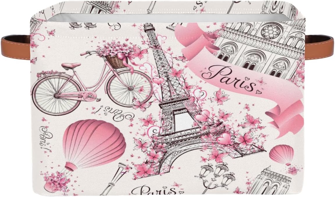 Storage Basket Floral Paris Eiffel Tower, Large Foldable Organizer Storage Bins for Shelves, Sturdy Canvas Cubes Storage Boxes with Handles for Toys Closet Nursery Office Living Room 15" x 11" x 9.5"