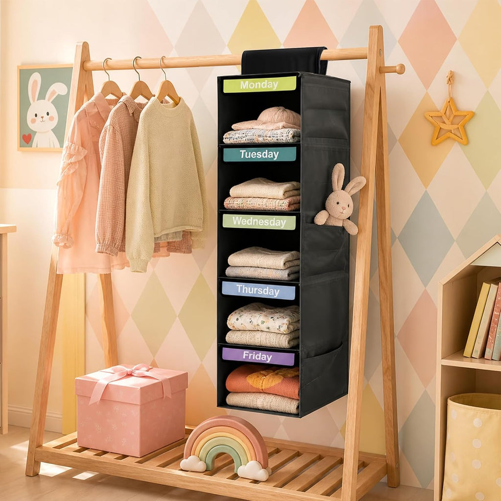 5-Shelf Weekly Clothes Organizer for Kids School Outfits (Black)