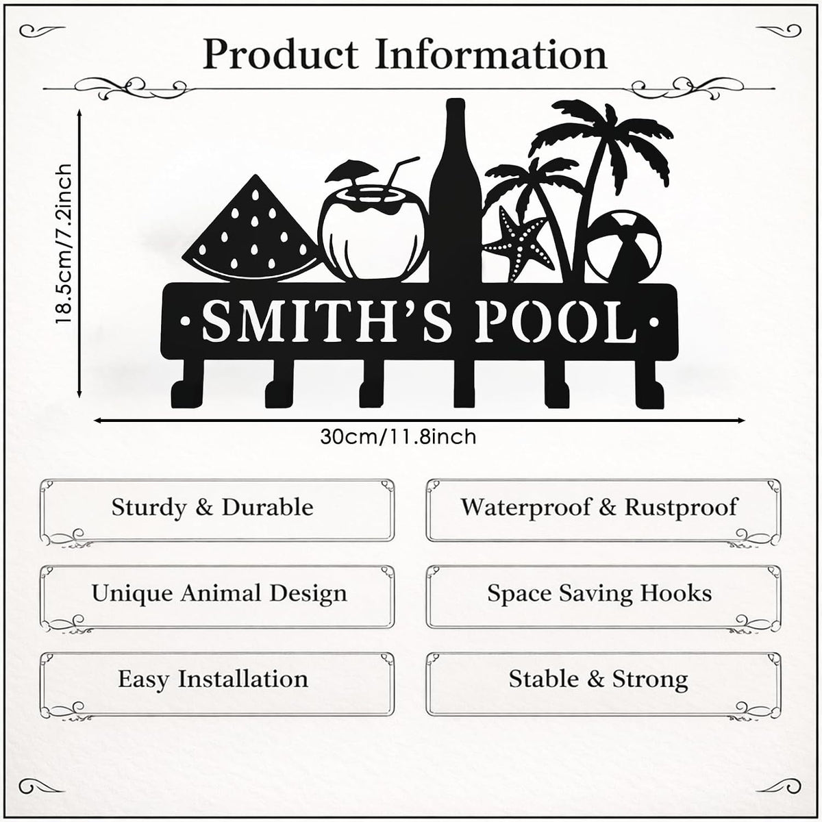 Coastal Metal Key Holder Wall Mount, Tropical Poolside Key Rack Hooks
