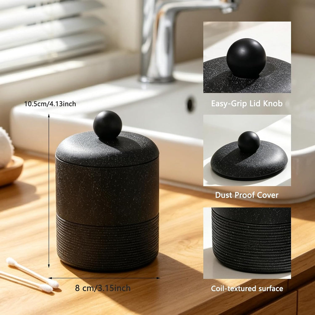 Lidded Qtip Holder, Durable Resin Qtip Container, Bathroom Cotton Swab Container Suitable for Cotton Swabs, Makeup Pads, Dental Floss Picks, Makeup Sponges, And Small Bathroom Accessories (Black)