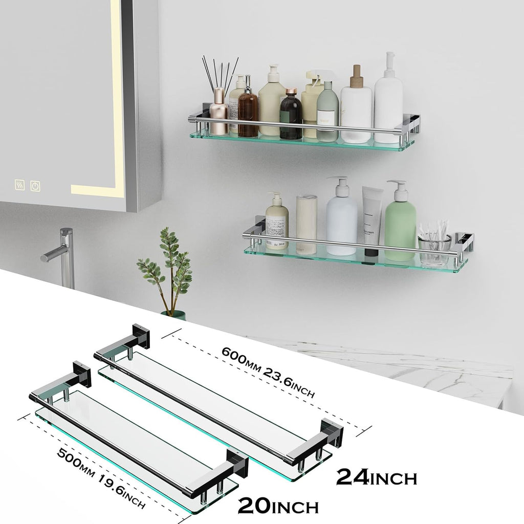 Glass Shelf for Bathroom Wall Sheves 24 inches Rectangular Stainless Steel Tempered Glass Modern Wall Mount Accessories Organizers Storage (Chrome Polished, 24‘’)