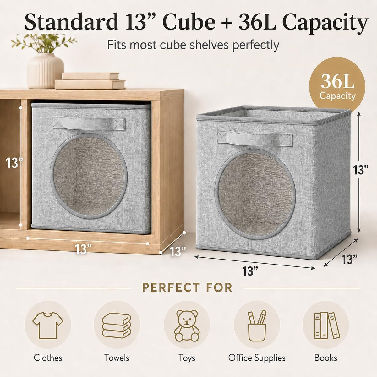 Fabric Storage Cubes with Mesh Window, 13'' Cube Storage Bin, Gray, 4 Pack