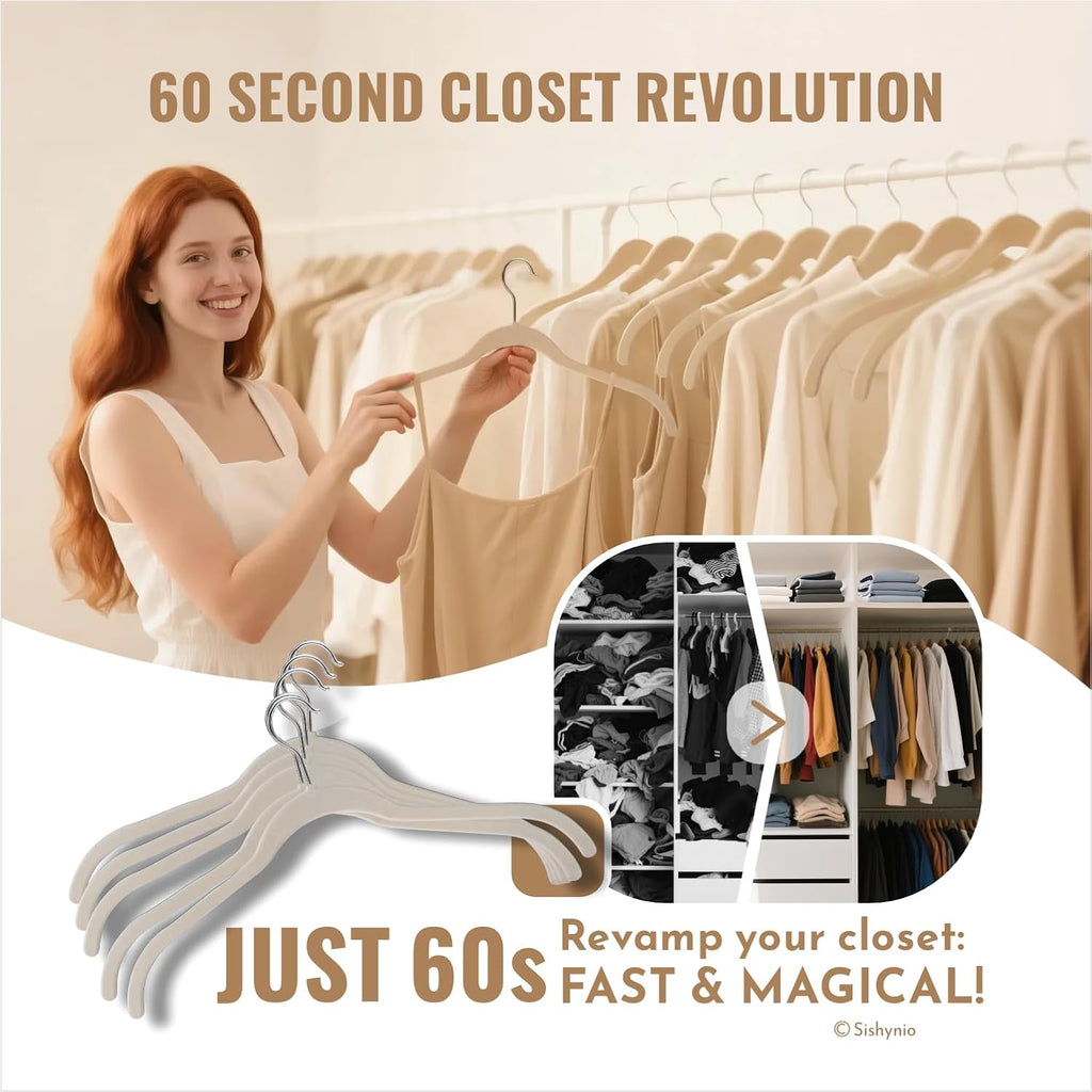 Sishynio Velvet Hangers 30 Pack, Slim Flocked Clothes Hangers Beige