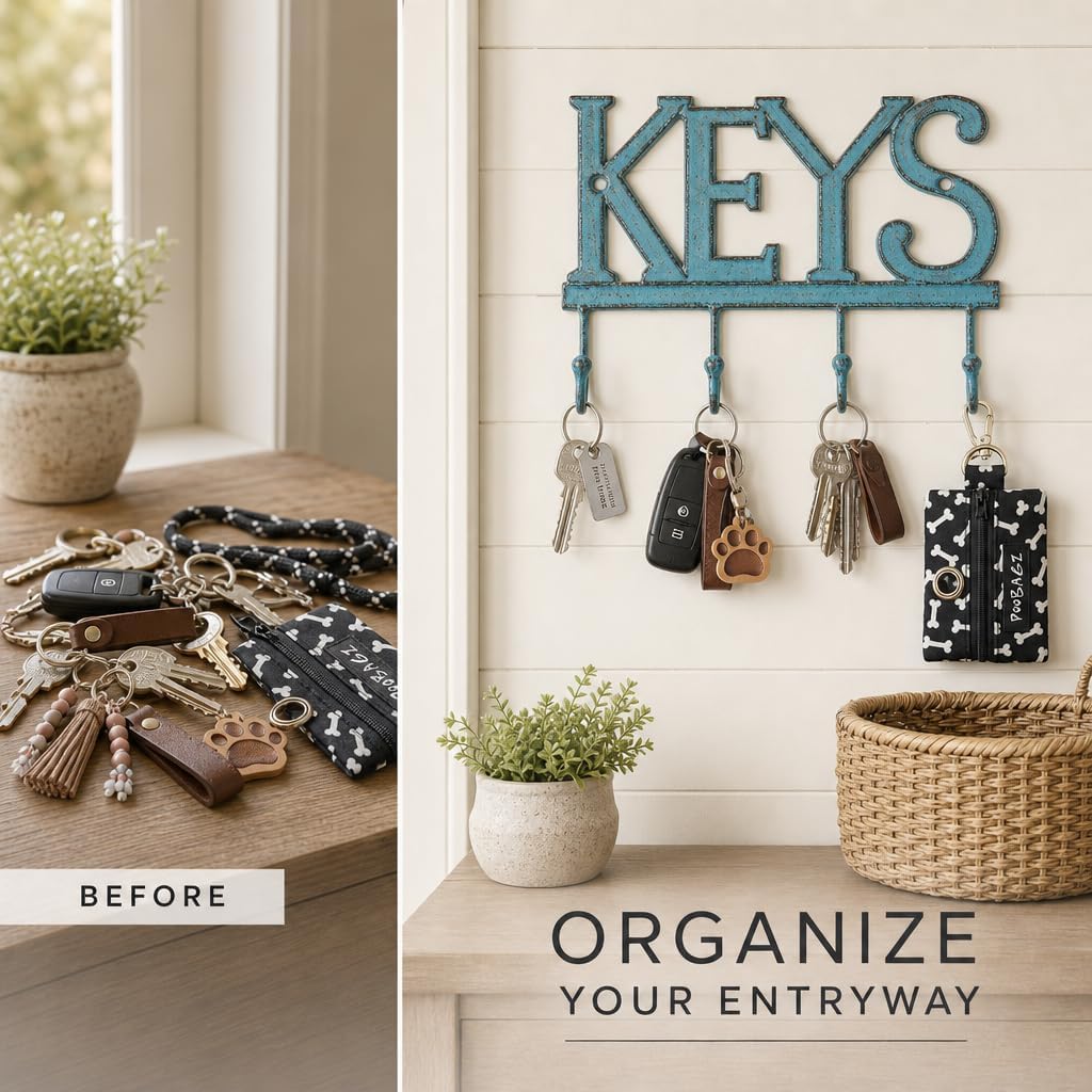 Comfify Rustic Blue Cast Iron Key Holder for Wall – Keys Sign with 4 Hooks