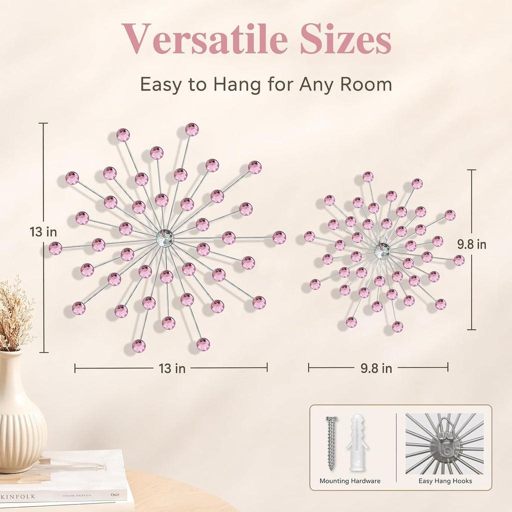ZEXUIRU 4 Set Silver Starburst Wall Art for Home Decor Metal Bling Crystal Rhinestones Sunburst Wall Decor Sparkling Rhinestone Art Accent Silver - 13 in