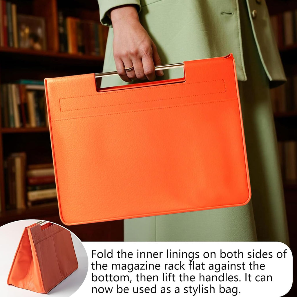 Leather Magazine Holder Foldable with Handles，Stable Magazine Rack Floor
