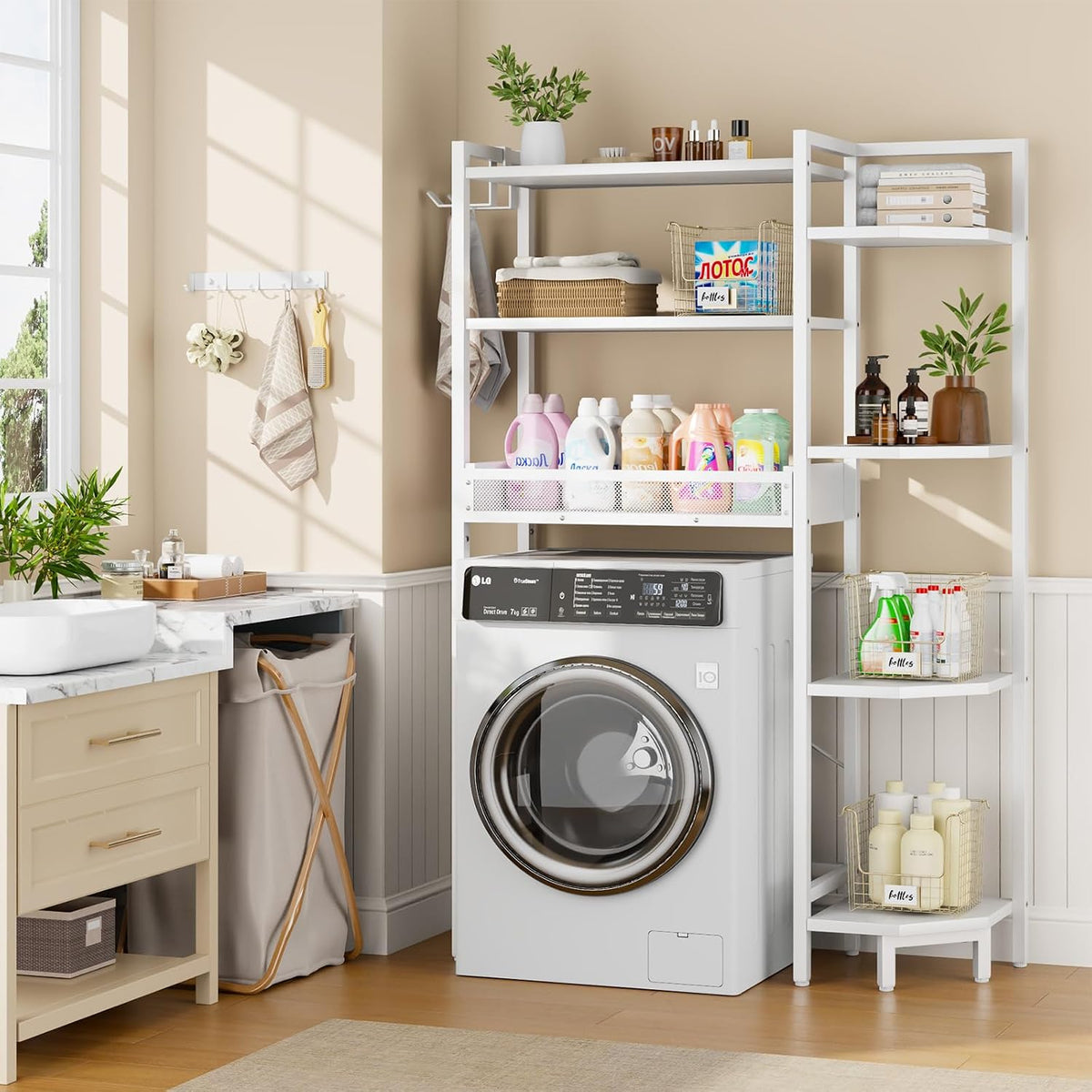 K1 Heavy Duty 7-Tier Over The Toilet Storage（With Basket and Paper Hook）Freestanding Above Toilet Shelf with Adjustable Feet，Space Saver Bathroom Shelves 9.3"D x 33.5"W x 63.8"H，Beige White