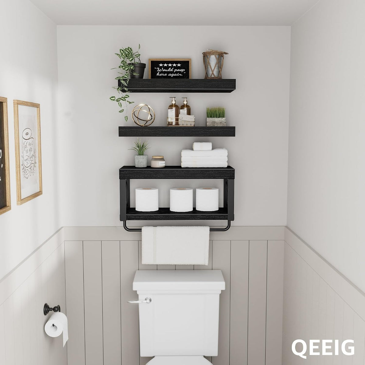 QEEIG Bathroom Shelves Over Toilet (Black, Set of 3, 15.7")
