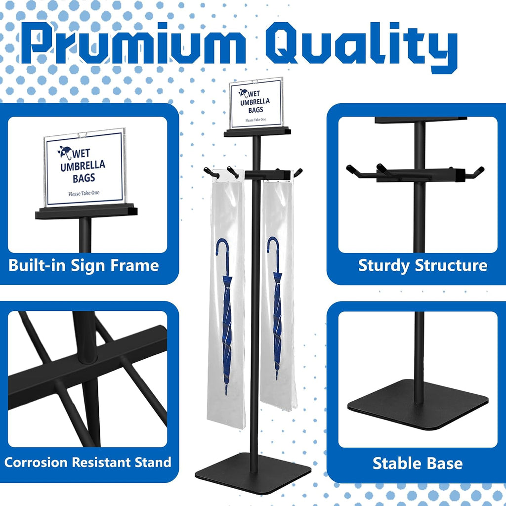 Wet Umbrella Bag Stand with Free 200 Large Plastic Disposable Bags, Black