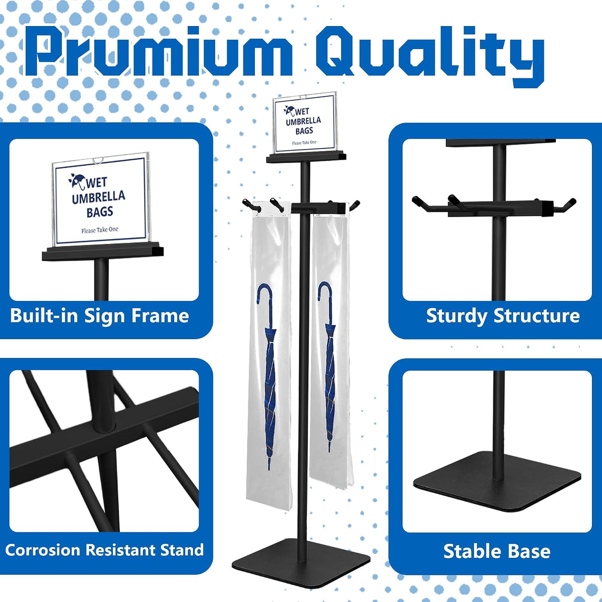 Wet Umbrella Bag Stand with Free 200 Large Plastic Disposable Bags, Black